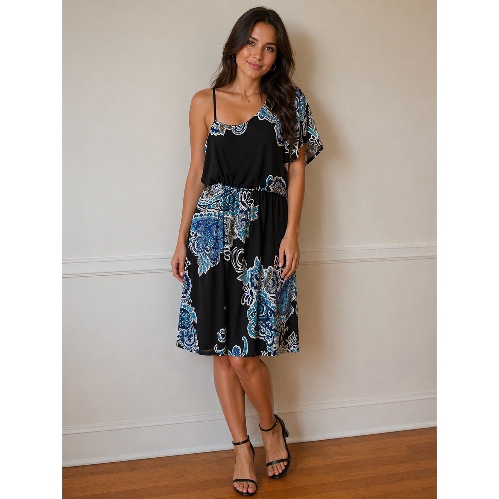 En Focus Studio Dress Womens 10 Black Paisley One Shoulder Asymmetric‎ Sundress